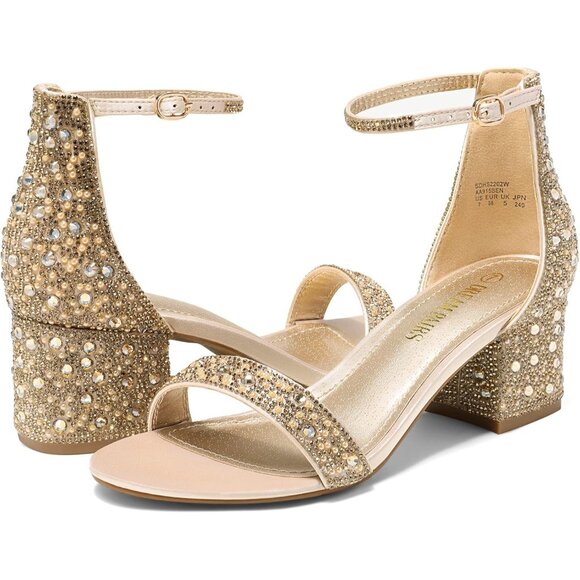 Dream Pairs Women's Gold/Rhinestone Chunky Block Heel Ankle Strap Sandals Shoes - Picture 2 of 7